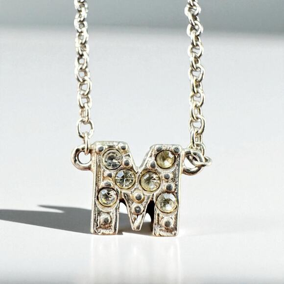 Sterling Silver M Initial Monogram Necklace Rhinestone Minimalist 925 Chain 16” - Picture 1 of 5